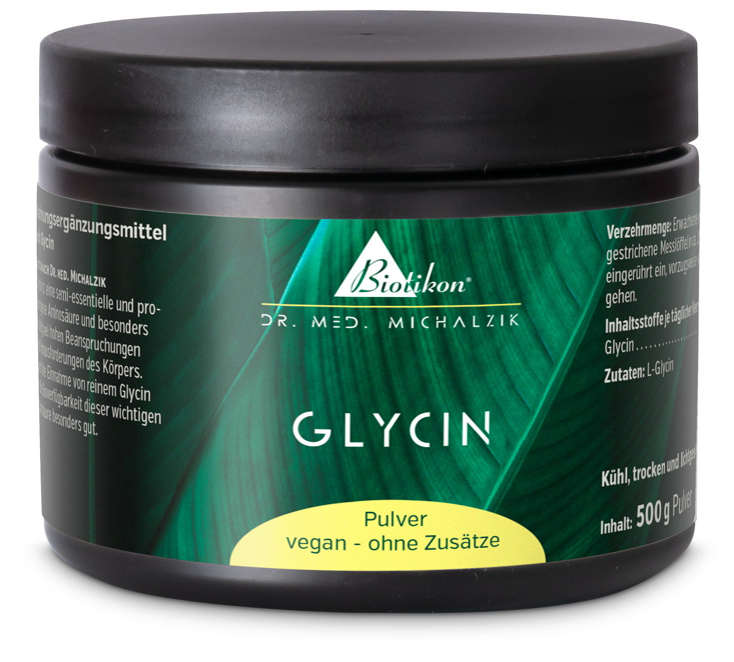 Poudre de Glycine – 500 g Poudre de glycine dans un récipient noir, 500 g, vegan, sans additifs.