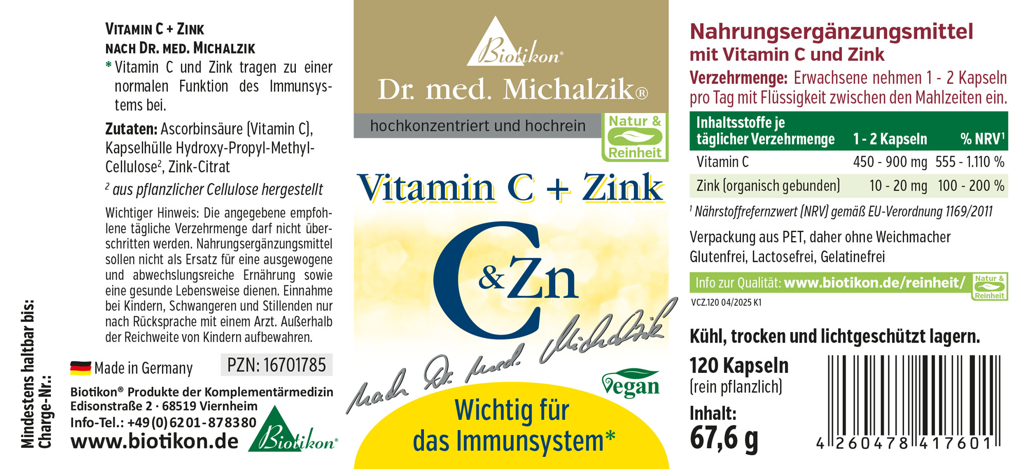 Vitamine C + Zinc 120 Capsules - Végétalien Complément alimentaire avec vitamine C et zinc, 120 capsules dans un emballage transparent, végétalien, à base de cellulose végétale.