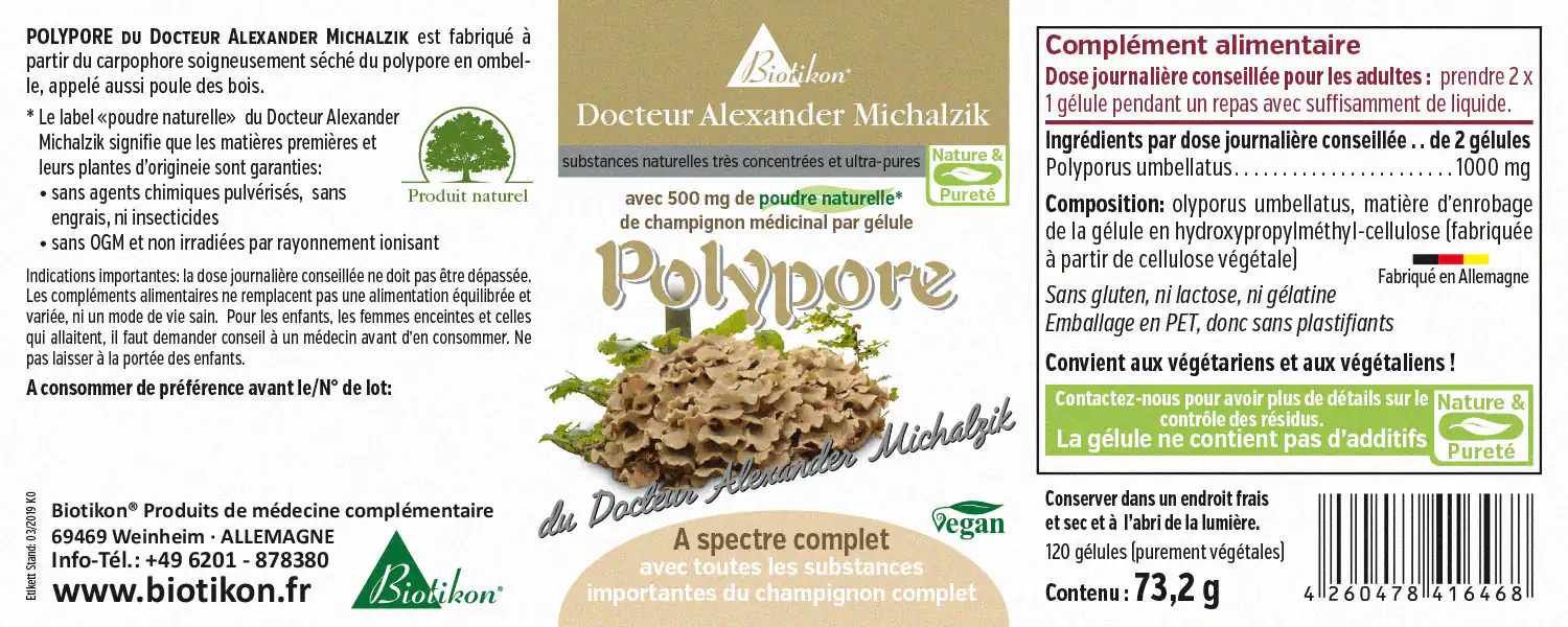 Polypore 500 mg – Capsules Produit naturel Polypore, 120 capsules, avec 500 mg de poudre de champignon, emballage beige et vert, fabriqué en Allemagne.