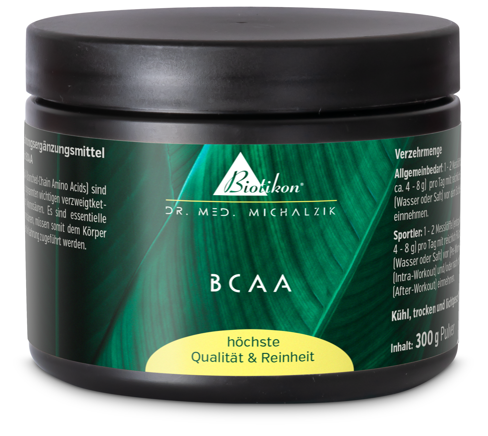 BCAA 300 g – Poudre Récipient de 300 g de complément alimentaire BCAA en noir, avec un emballage vert.