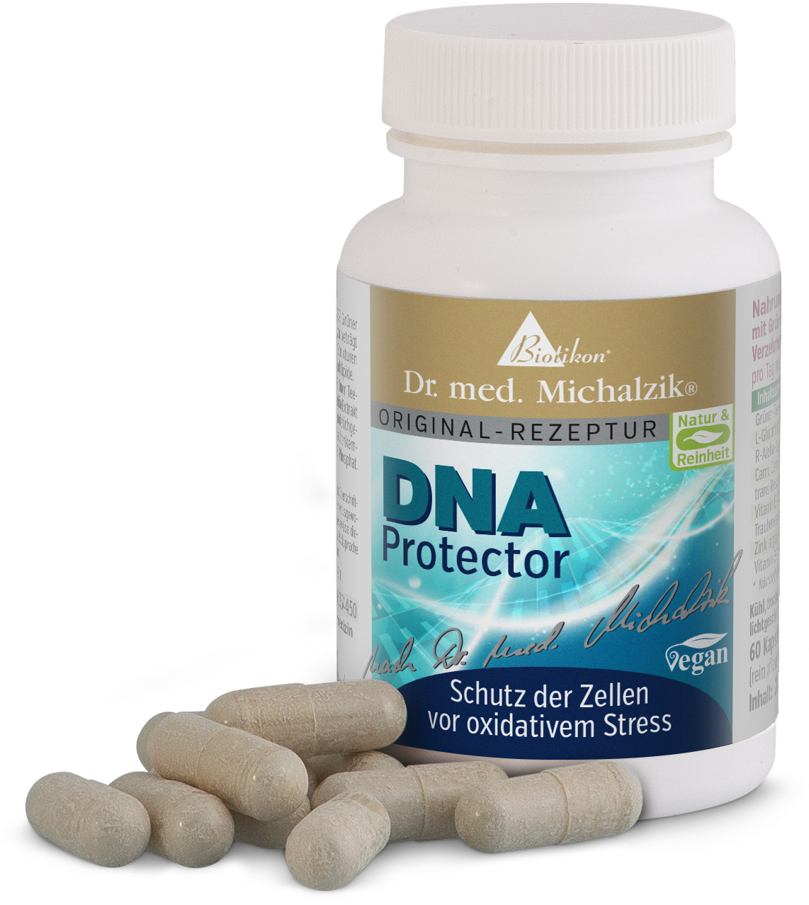Protecteur d'ADN – Capsules Capsules DNA Protector, 60 pièces dans un flacon blanc, vegan, visible de côté.
