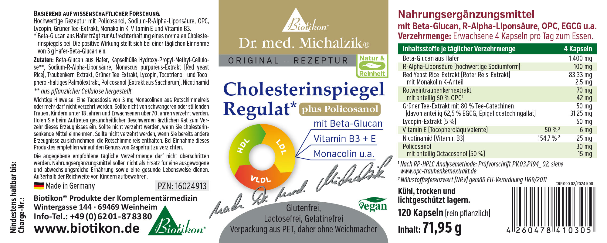 Régulateur de Cholestérol – 120 Capsules Complément alimentaire en capsules, 120 pièces, design d'emballage rouge-vert-jaune, végan, ingrédients visibles.