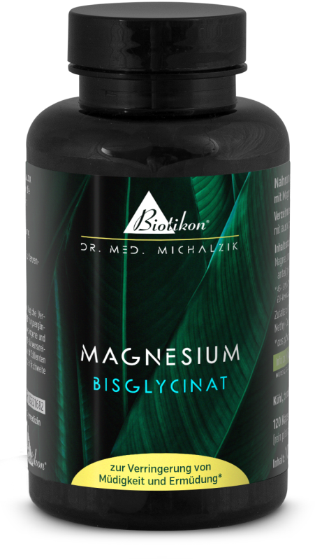 Bisglycinate de Magnésium – 120 Capsules Bouteille de capsules noires contenant du bisglycinate de magnésium, 120 pièces, avec des feuilles vertes en arrière-plan.