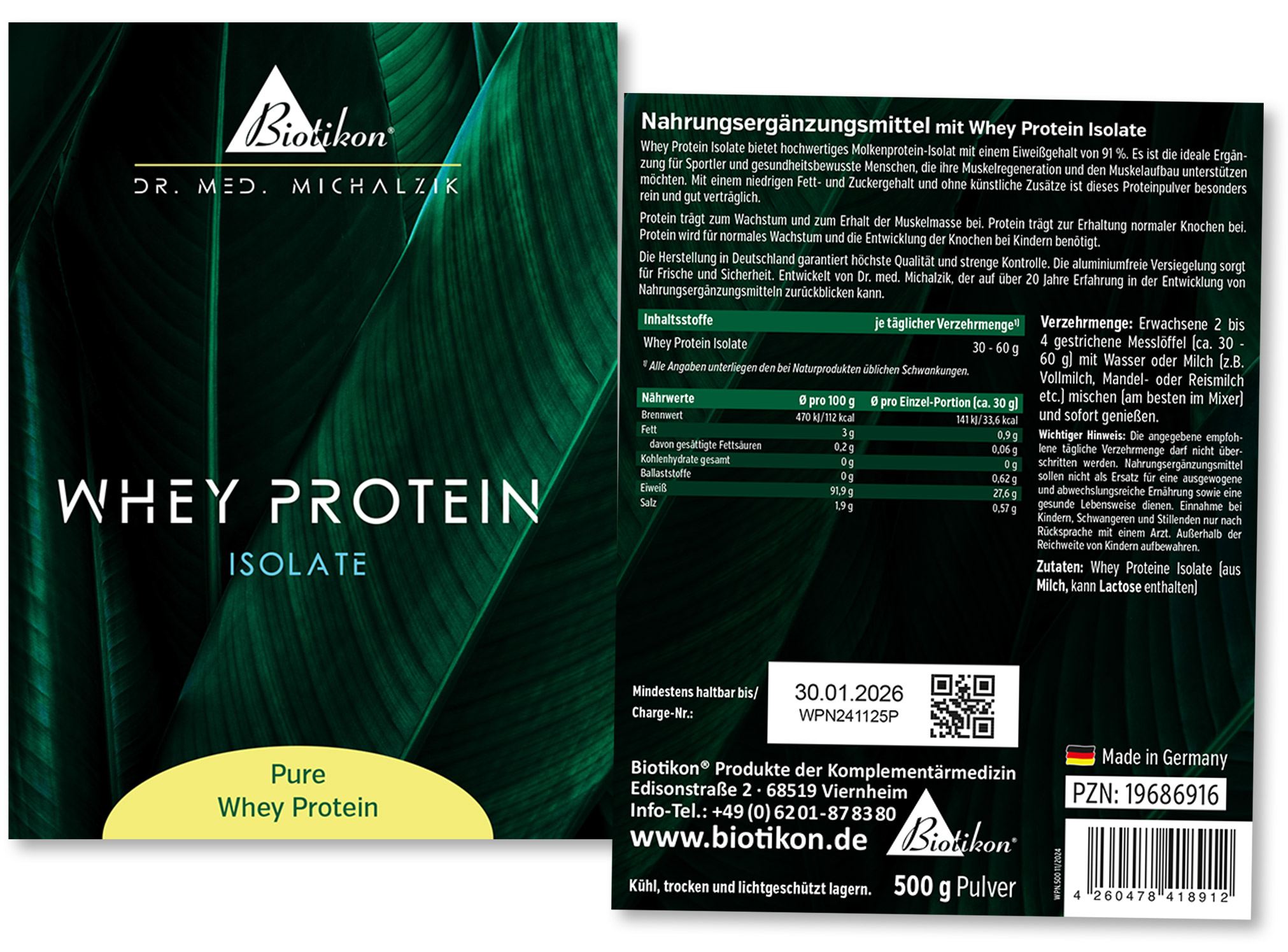 Isolat de protéine de lactosérum – 500 g Poudre Isolat de protéine de lactosérum dans un emballage de 500 g, sous forme de poudre, emballage vert avec éléments blancs et jaunes, vue de face.