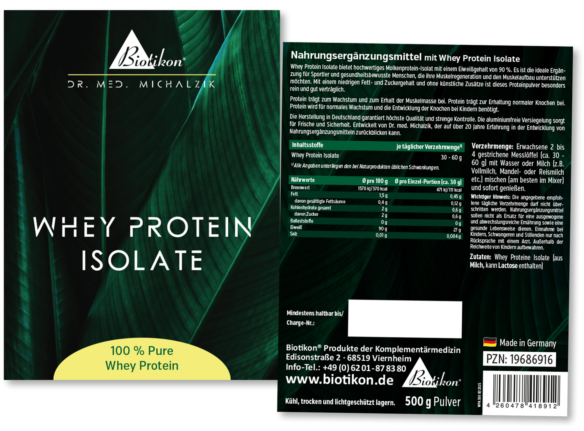 Isolat de protéine de lactosérum – 500 g Poudre Isolat de protéine de lactosérum dans un emballage de 500 g, sous forme de poudre, emballage vert avec éléments blancs et jaunes, vue de face.