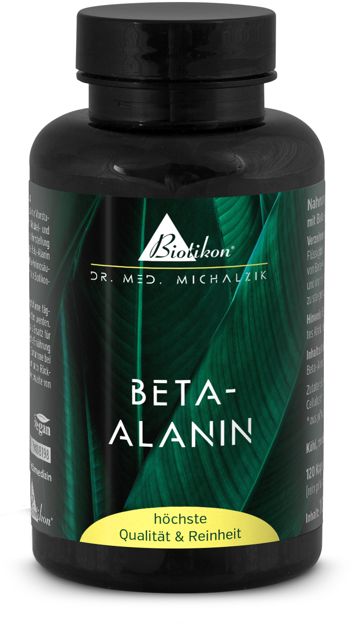 Bêta-Alanine 120 Capsules - Complément Alimentaire Flacon noir avec étiquette verte contenant 120 capsules de Bêta-Alanine, végan, haute qualité.